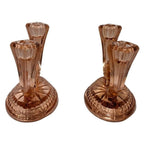 Vintage Peach Depression Glass Double Candlesticks Pair Pink Pressed Glasses