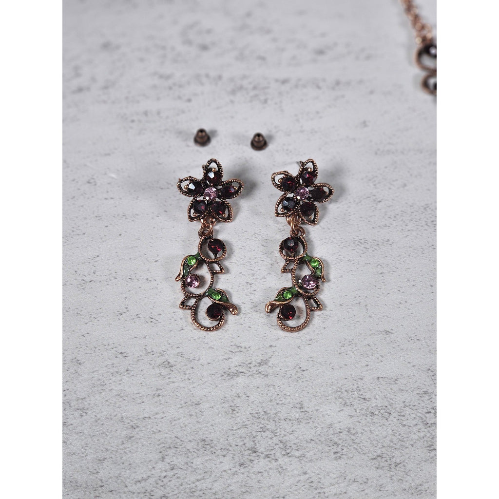 Vintage Butterfly Necklace Earring Set Purple Green Floral Gold Tone