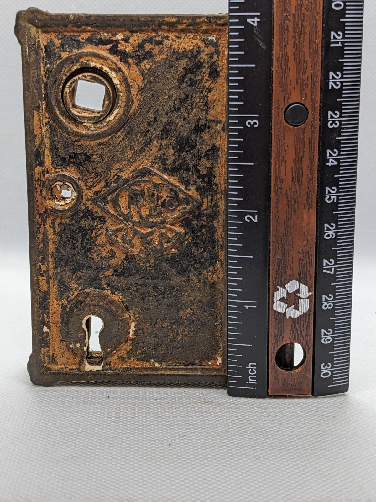 Antique Pye Co Cast-Iron Rim Lock with Aged Patina 4"x3"x0.5"