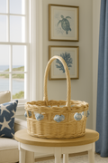 Vintage Wicker Basket with Blue Painted Conch Shells 13″ x 15″ Coastal Rustic