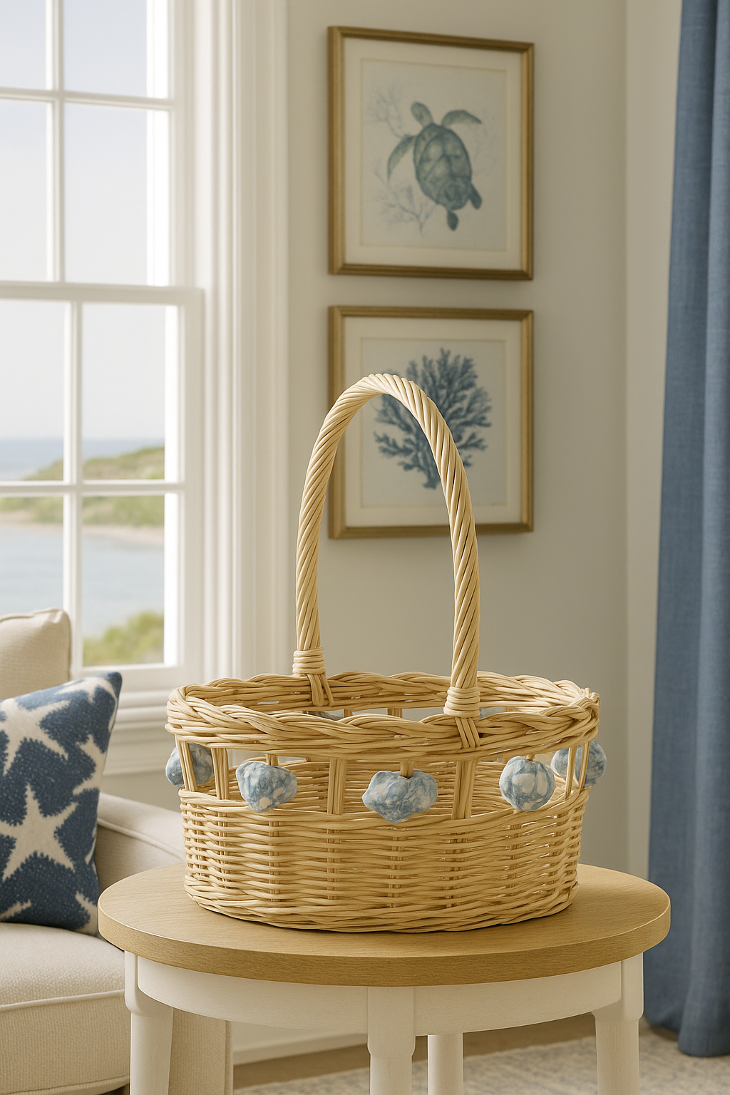 Vintage Wicker Basket with Blue Painted Conch Shells 13″ x 15″ Coastal Rustic