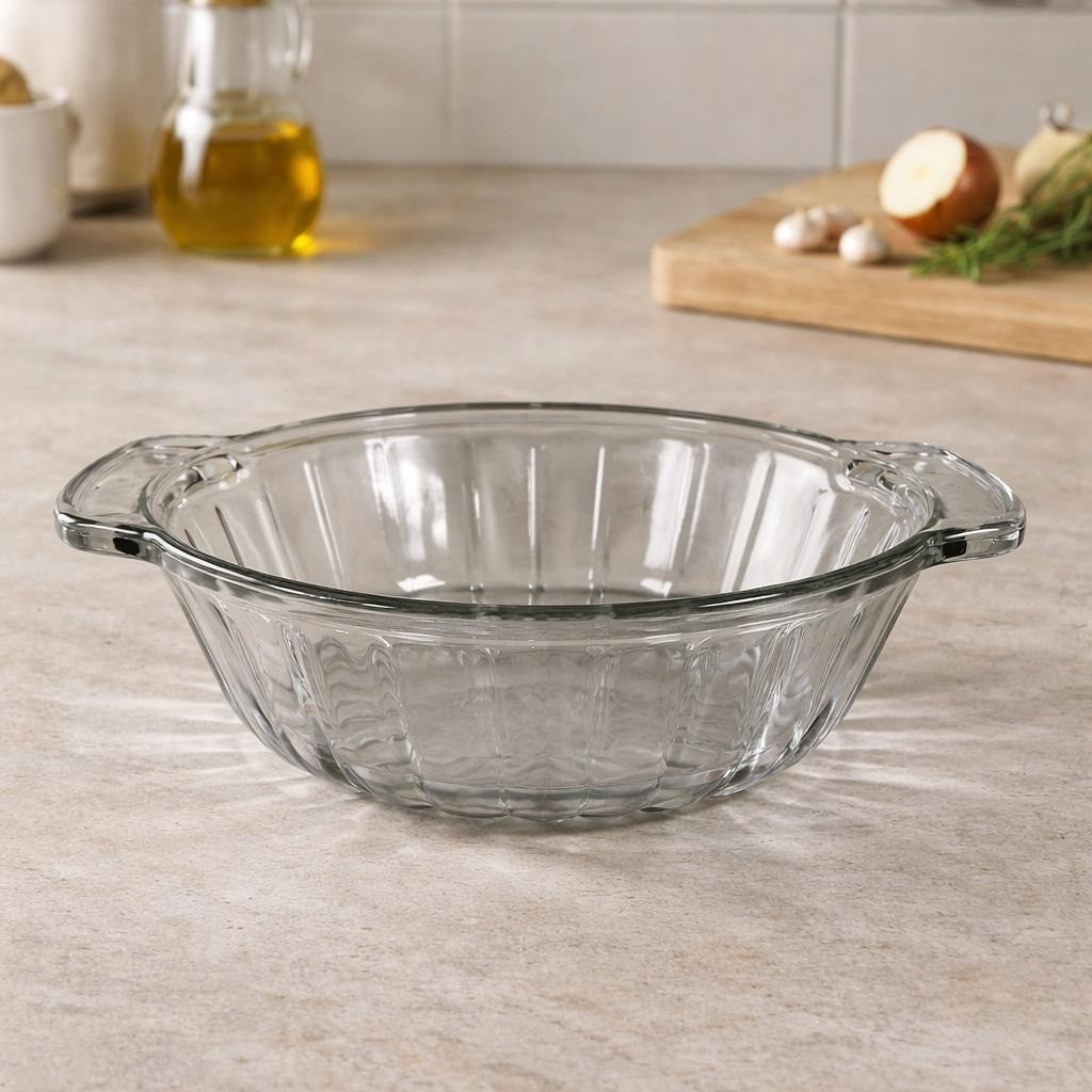 Vintage Clear Glass Handled Bowl Ribbed Glass Serving Bowl