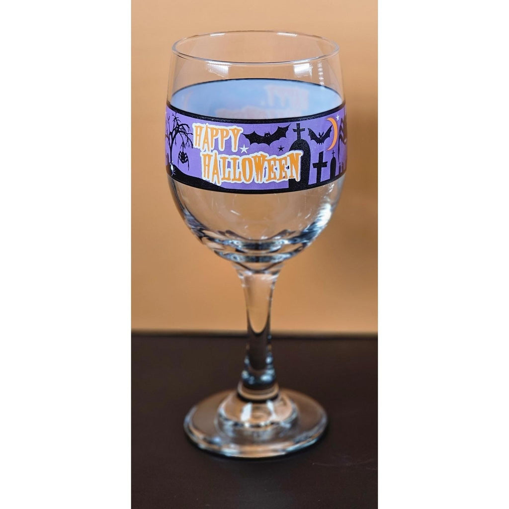 Vintage Halloween Wine Glass with Purple Spooky Silhouette Band