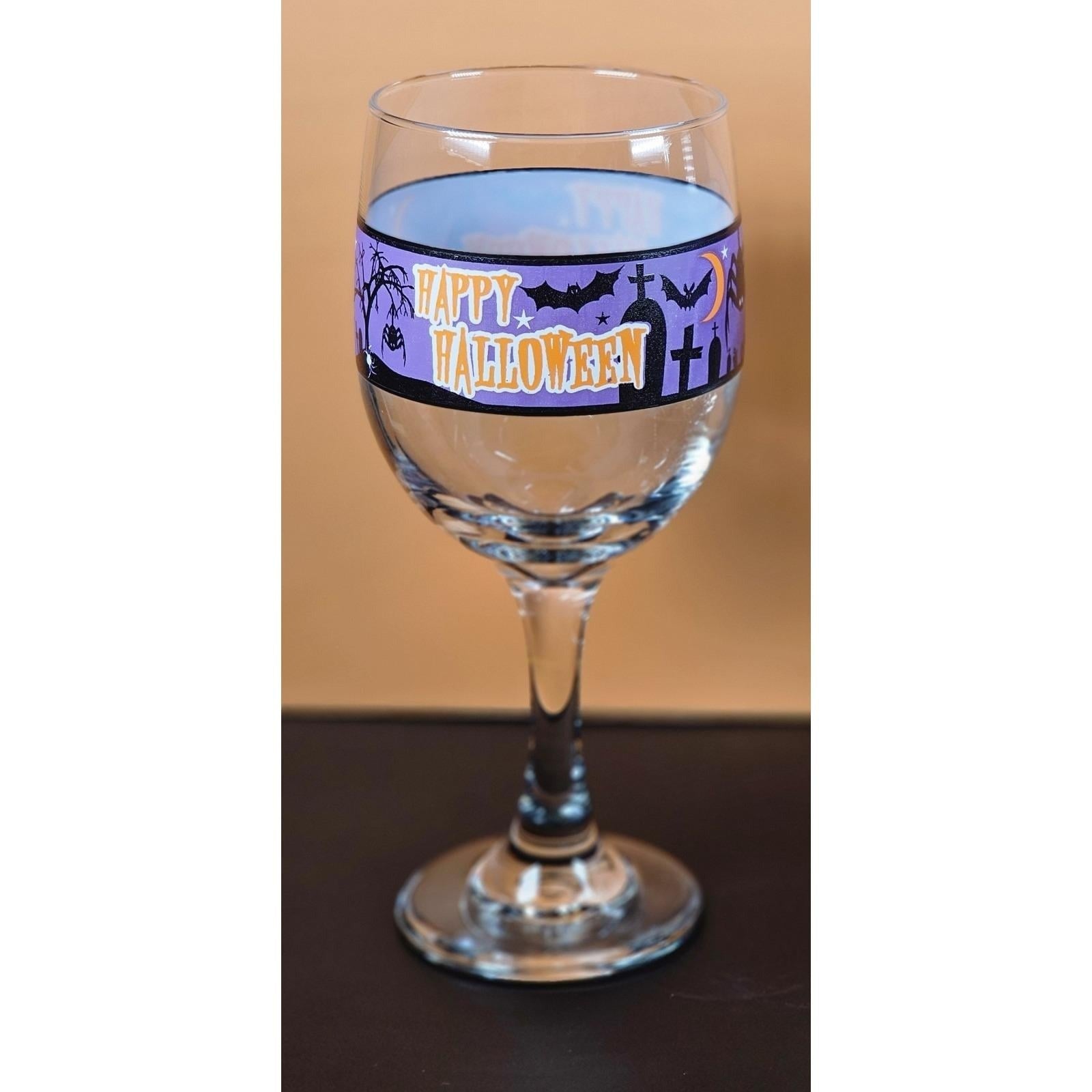 Vintage Halloween Wine Glass with Purple Spooky Silhouette Band