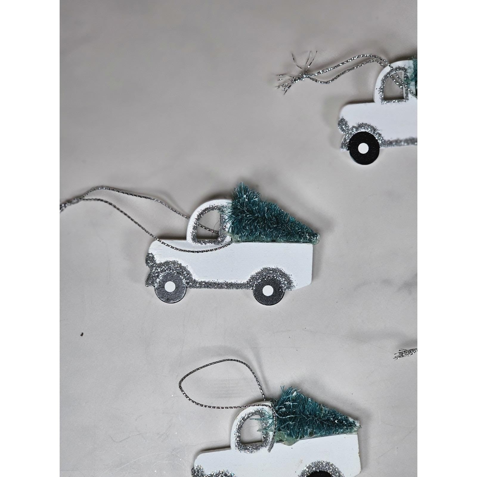 Set of 5 White Pickup Truck Christmas Ornaments with Tree Glitter Holiday Decor
