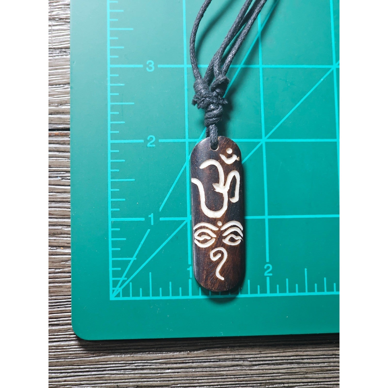 Vintage Om Ganesha Wooden Pendant Necklace Adjustable Cord