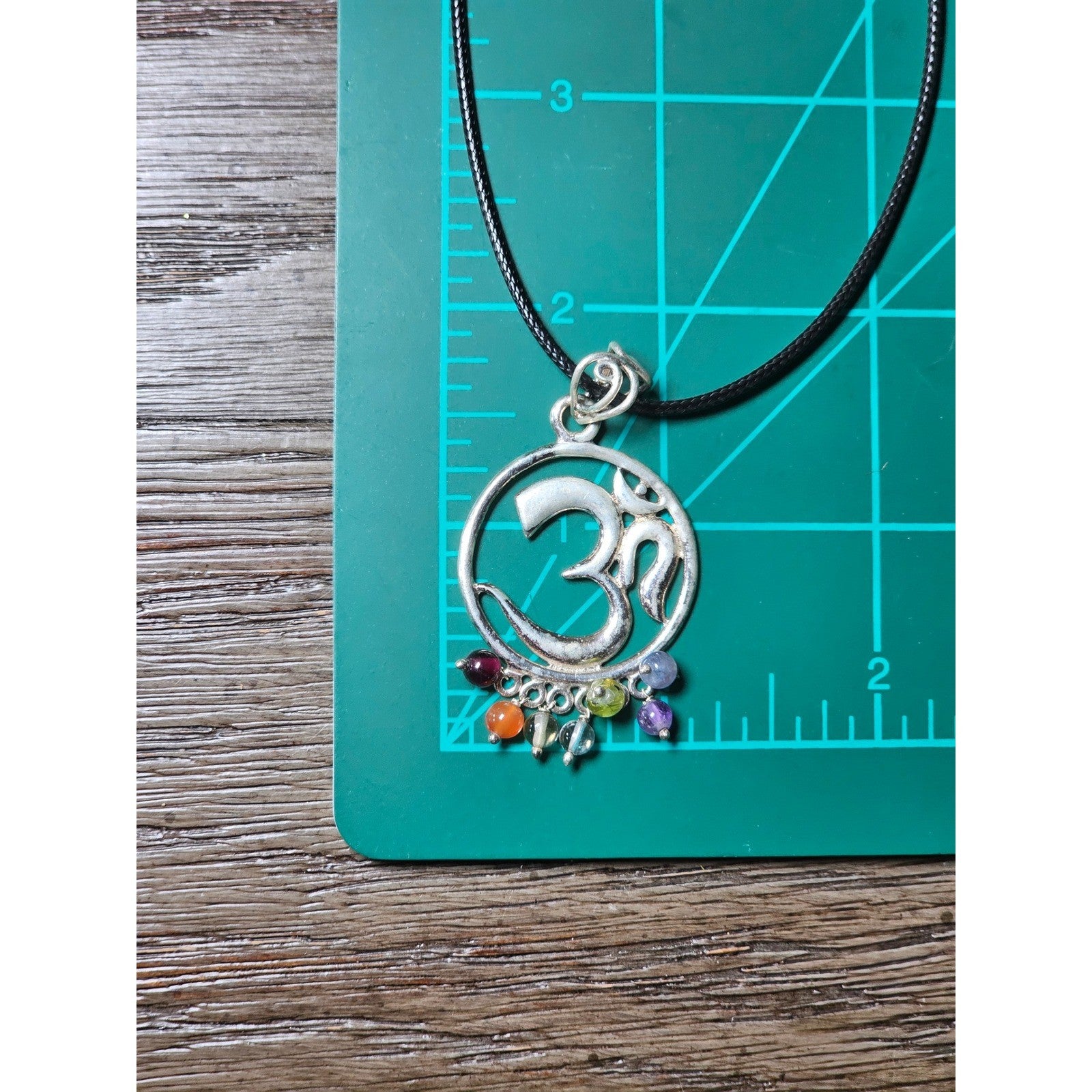 Vintage Sterling Om Pendant Necklace with Chakra Bead Fringe