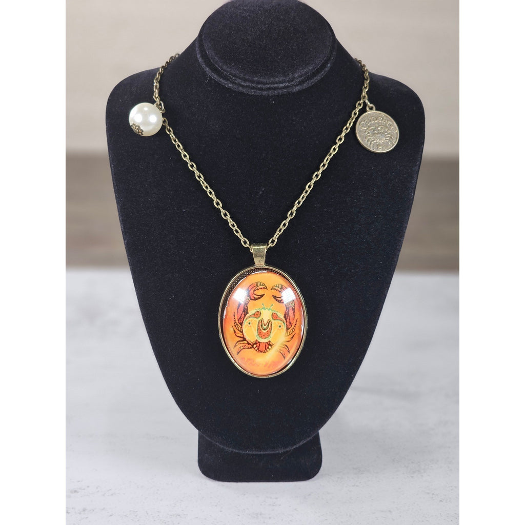 Vintage Cancer Zodiac Pendant Necklace Crab Medallion Charm