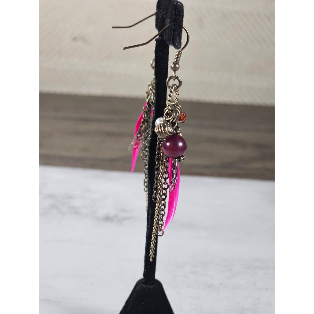 Vintage Pink Feather Charm Earrings Floral Boho Dangle Drop