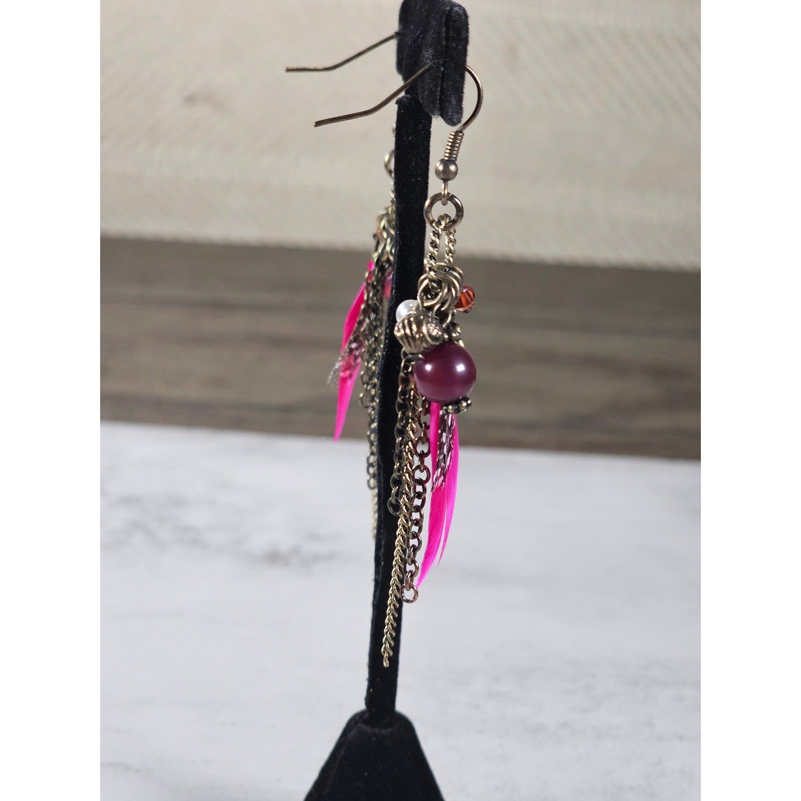 Vintage Pink Feather Charm Earrings Floral Boho Dangle Drop