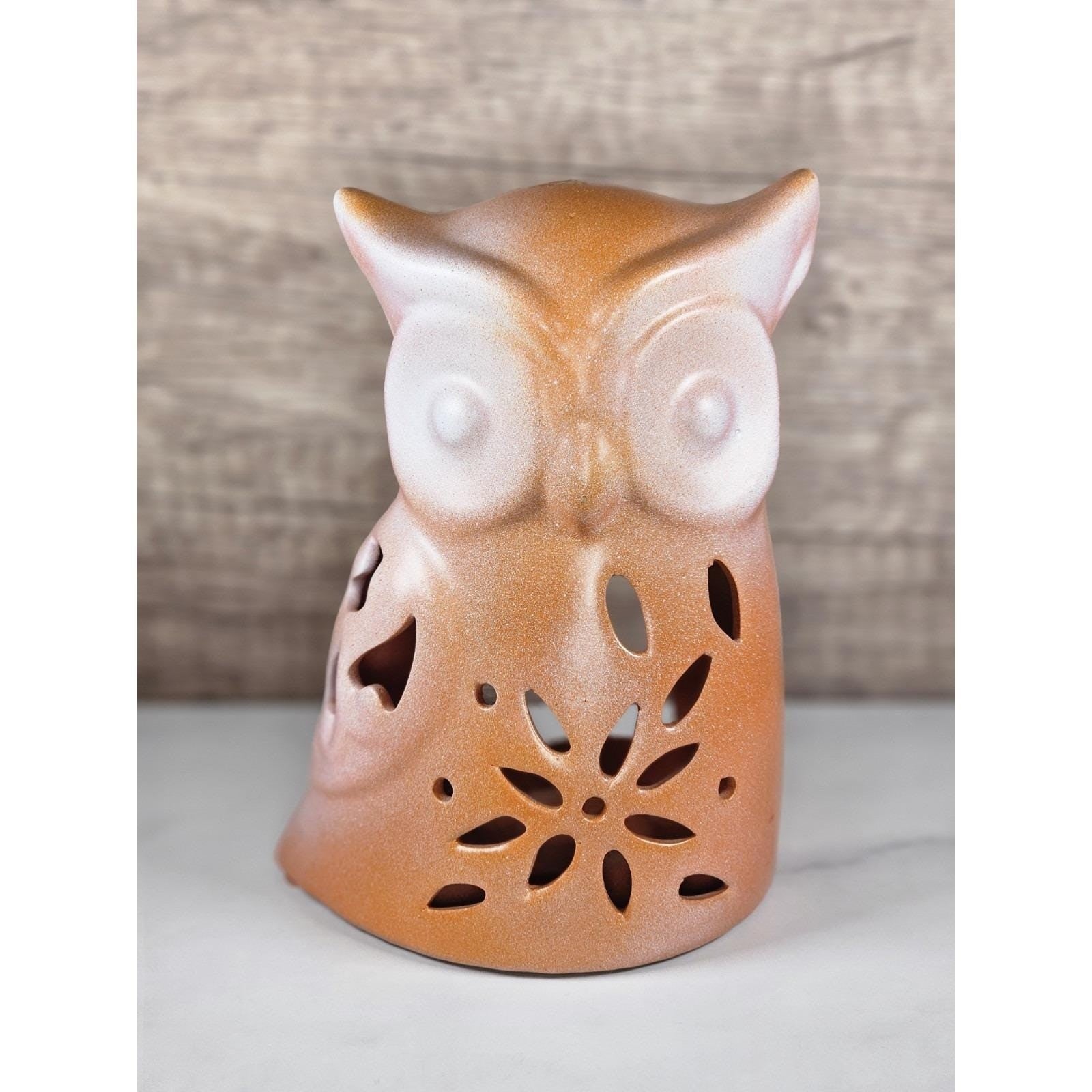Vintage Ceramic Owl Tealight Holder Orange White Cutout Candle Decor