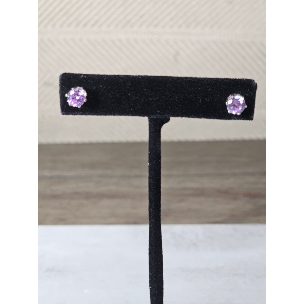 Vintage Pink Rhinestone Stud Earrings Silver Tone Round Cut