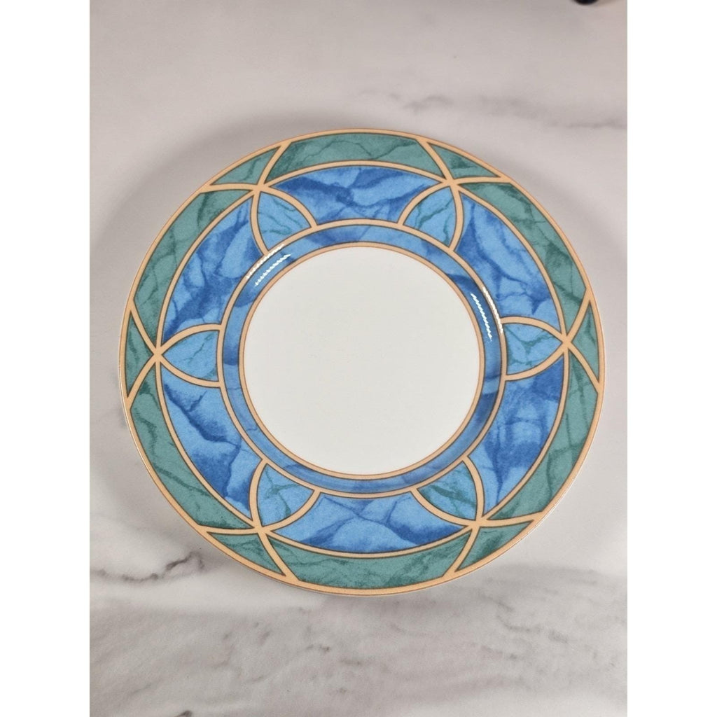 Vintage Stoneware Plates Blue Green Geometric Dessert Plates