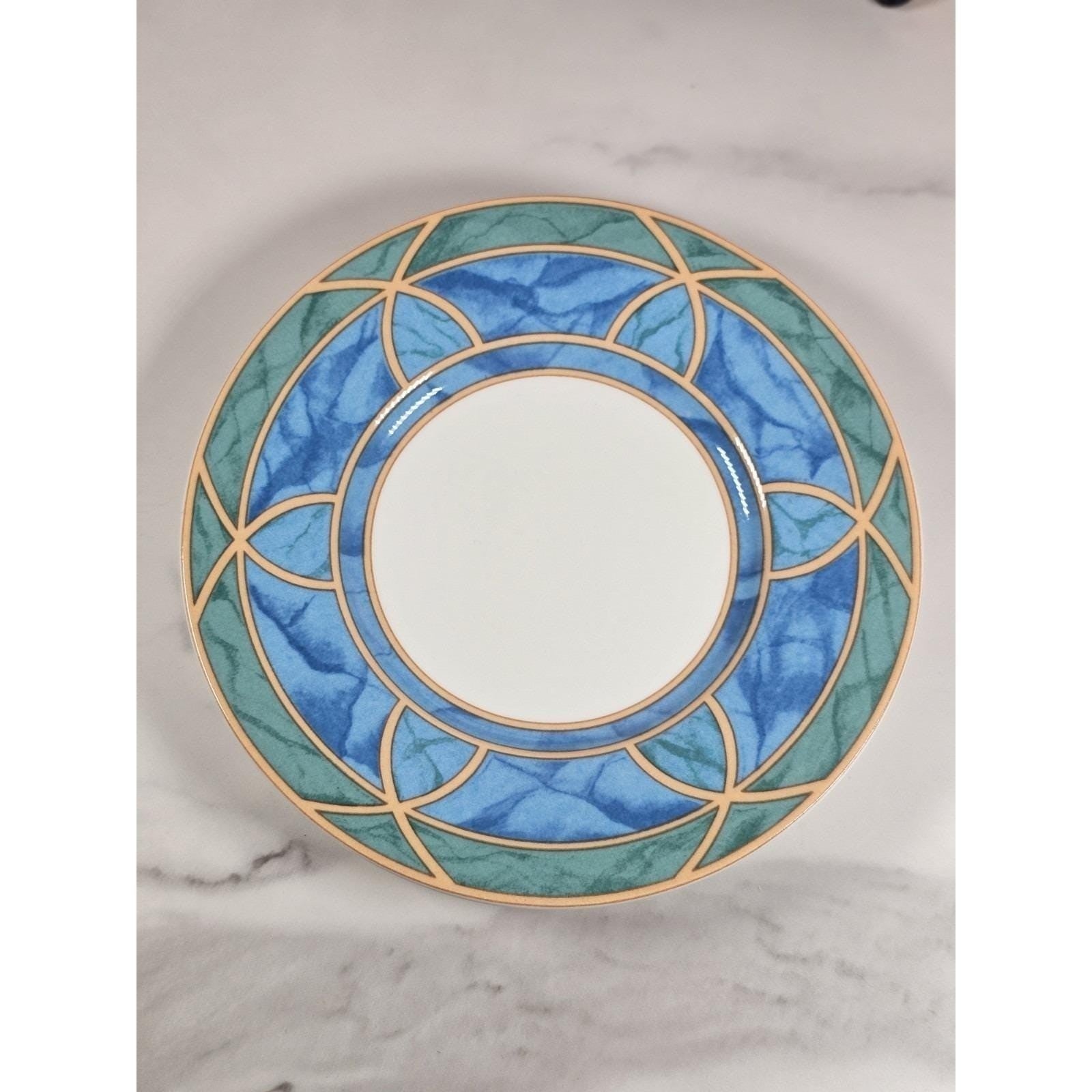 Vintage Stoneware Plates Blue Green Geometric Dessert Plates