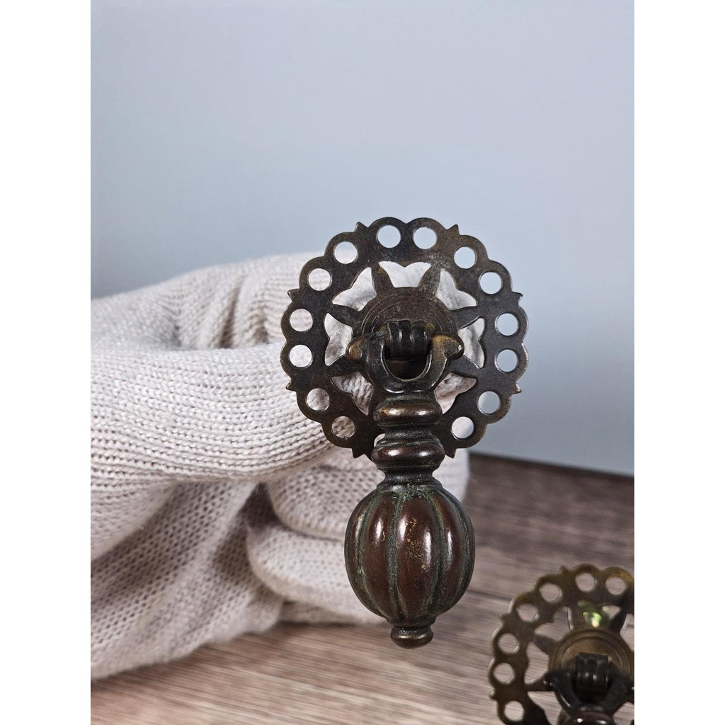 Vintage Brass Bronze Drawer Knobs Set 3 Ornate Cabinet Pulls