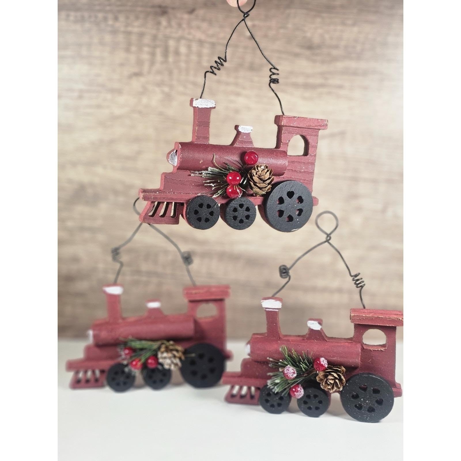Rustic Wooden Train Ornaments Set Holiday Christmas Tree Decor Vintage Style