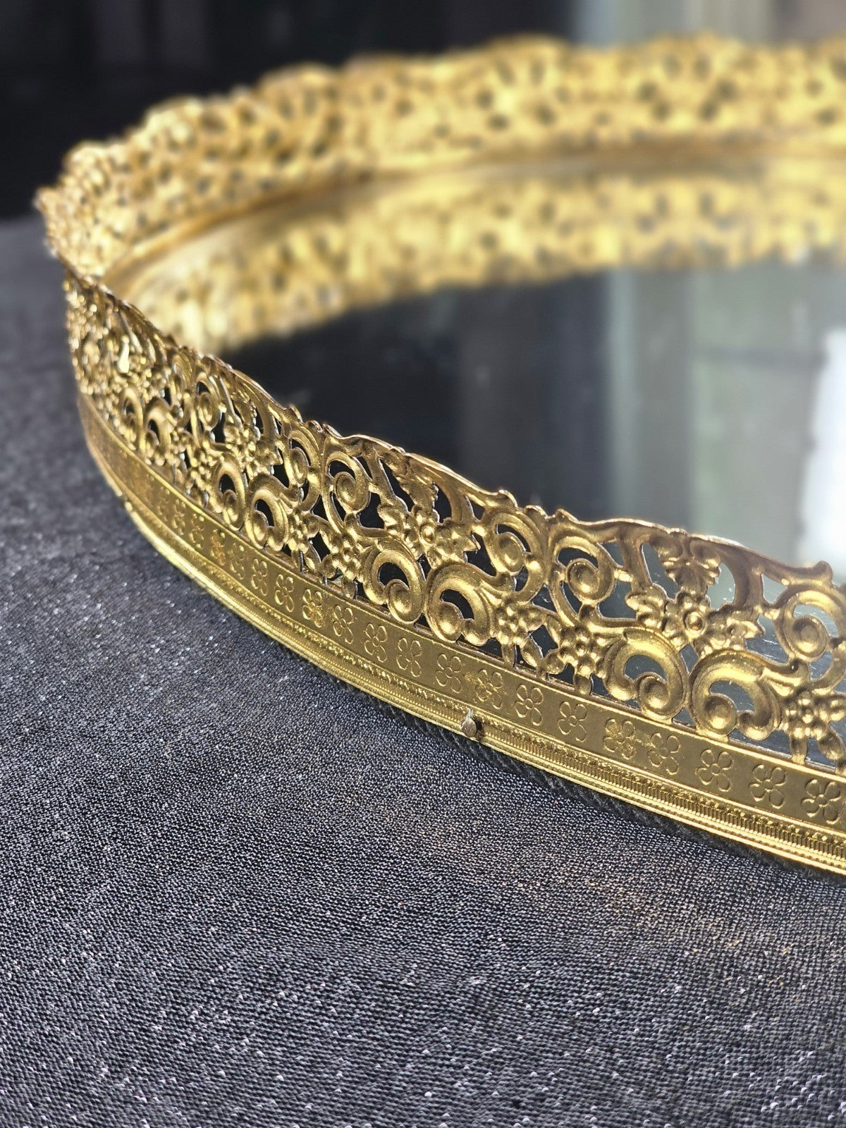 Vintage Oval Glass Mirror Vanity Tray 16 X 12 Ornate Gold-Tone Frame