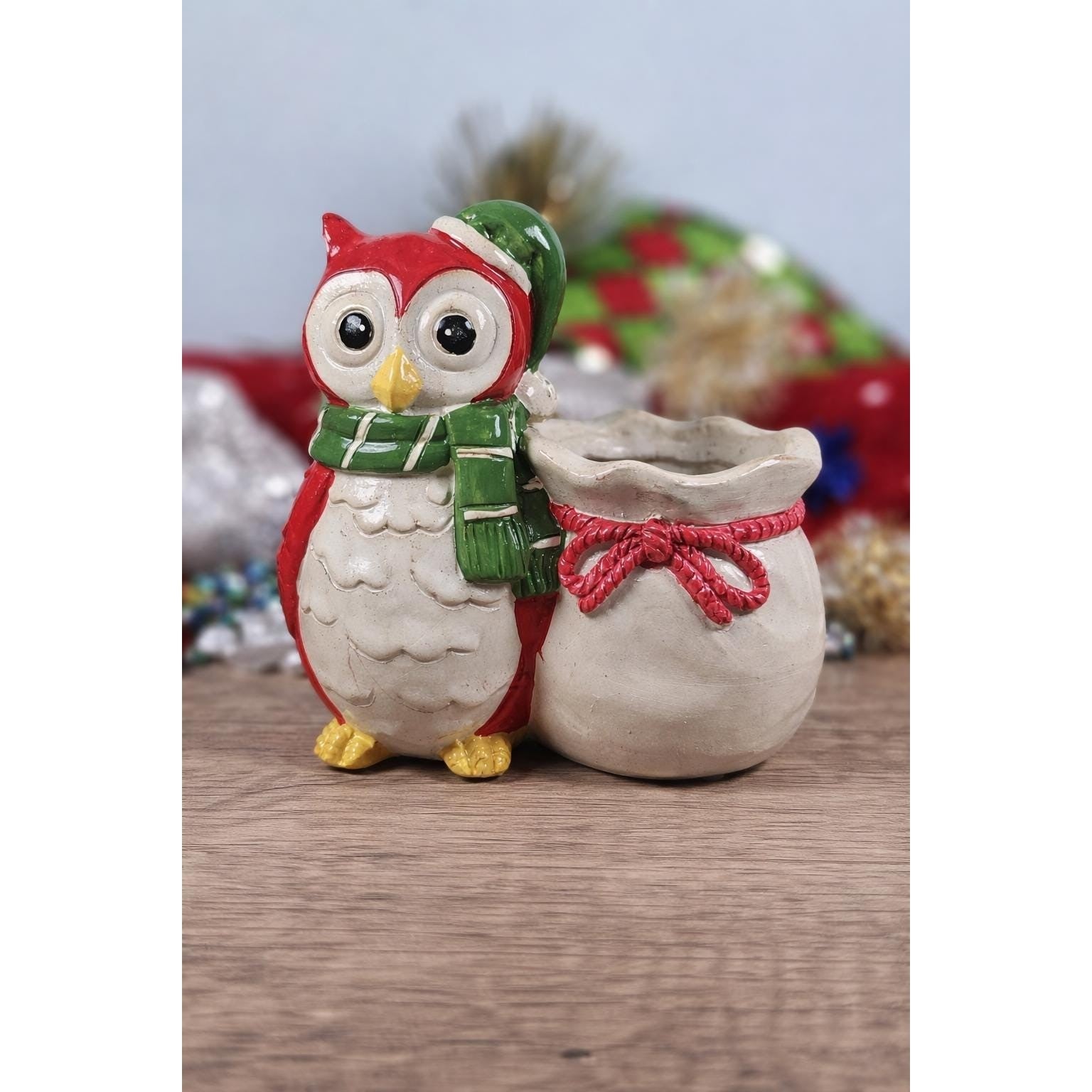Vintage Owl Planter Figurine 1980s Christmas Decor 5.5 Inch