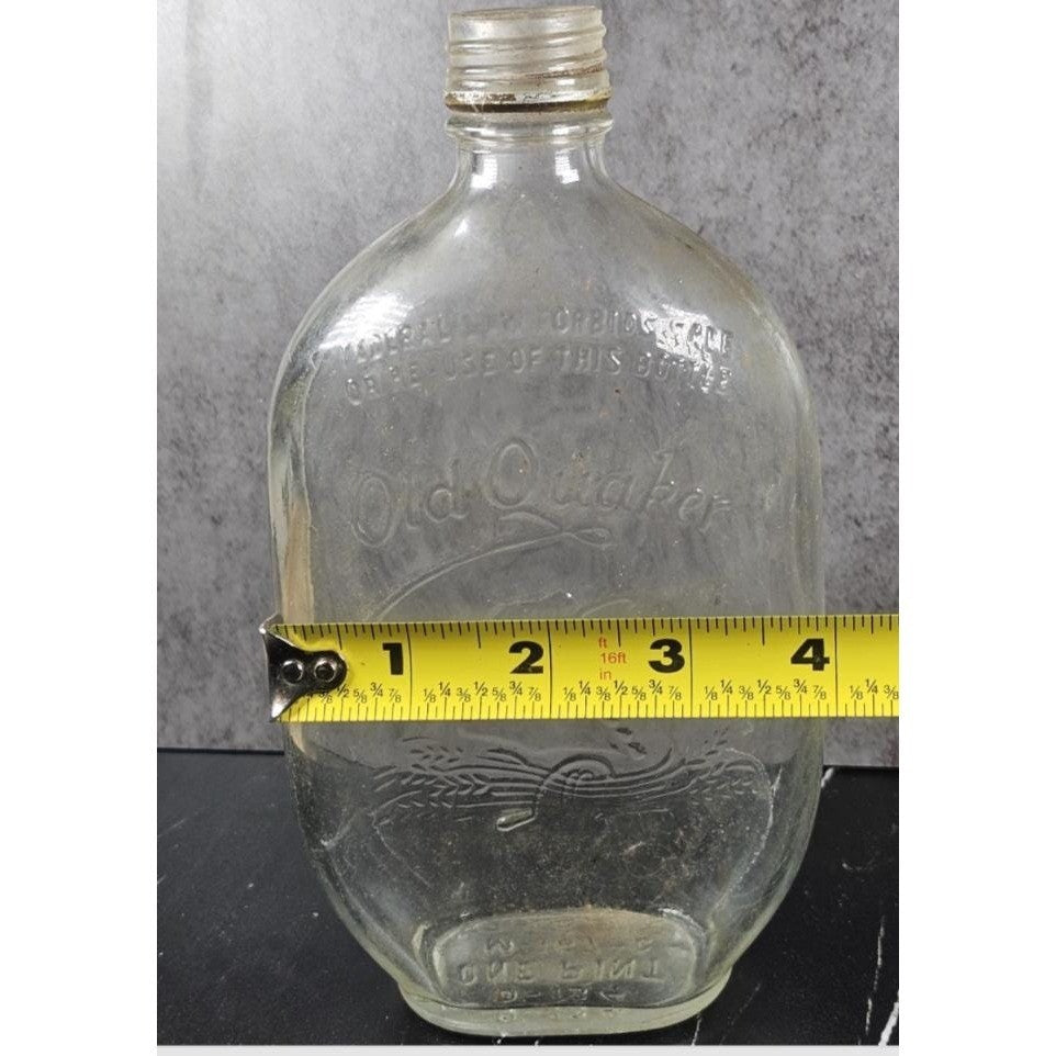 Vintage Old Quaker Whiskey Bottle Pint Clear Glass Embossed Bar Decor
