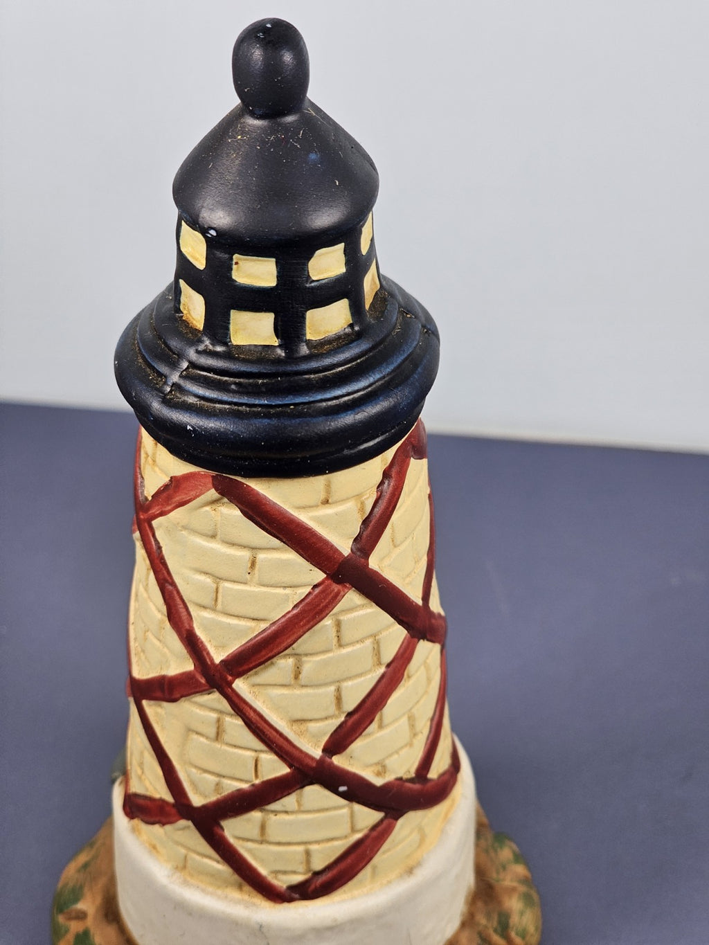 Vintage Ks Collection Beige Brick Red Diamond Design Lighthouse 6" Tall