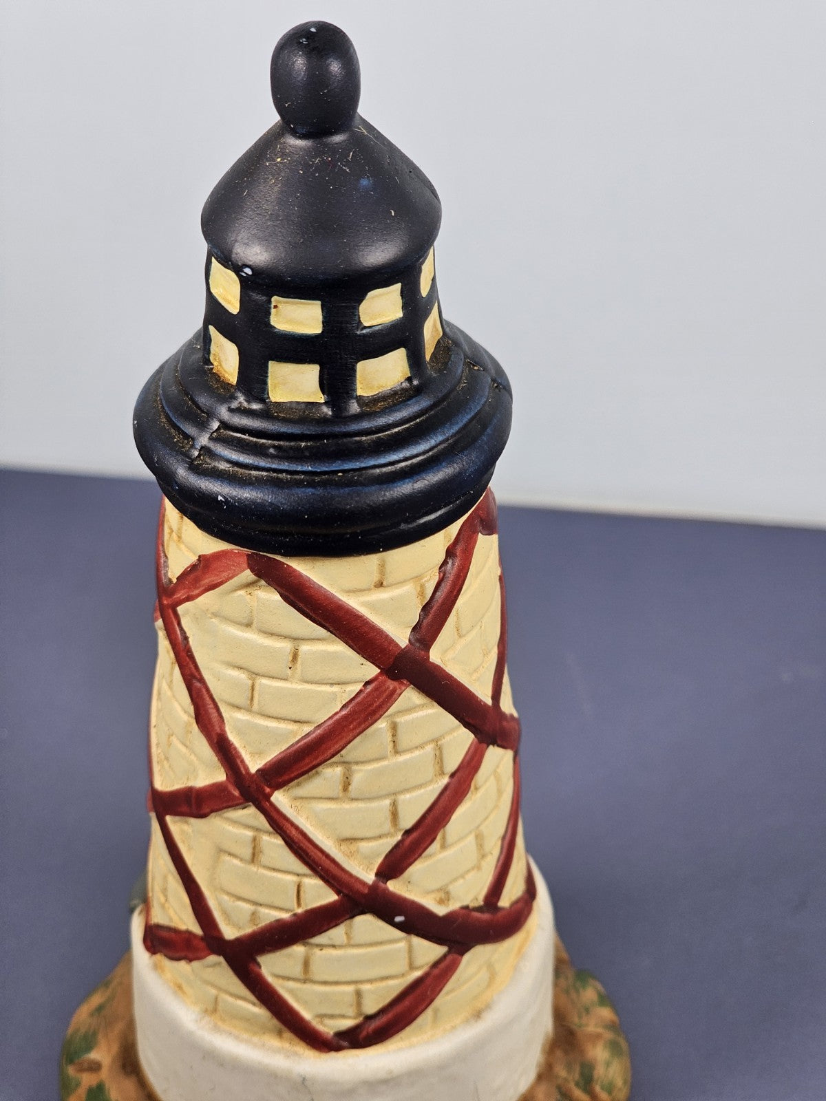 Vintage Ks Collection Beige Brick Red Diamond Design Lighthouse 6" Tall