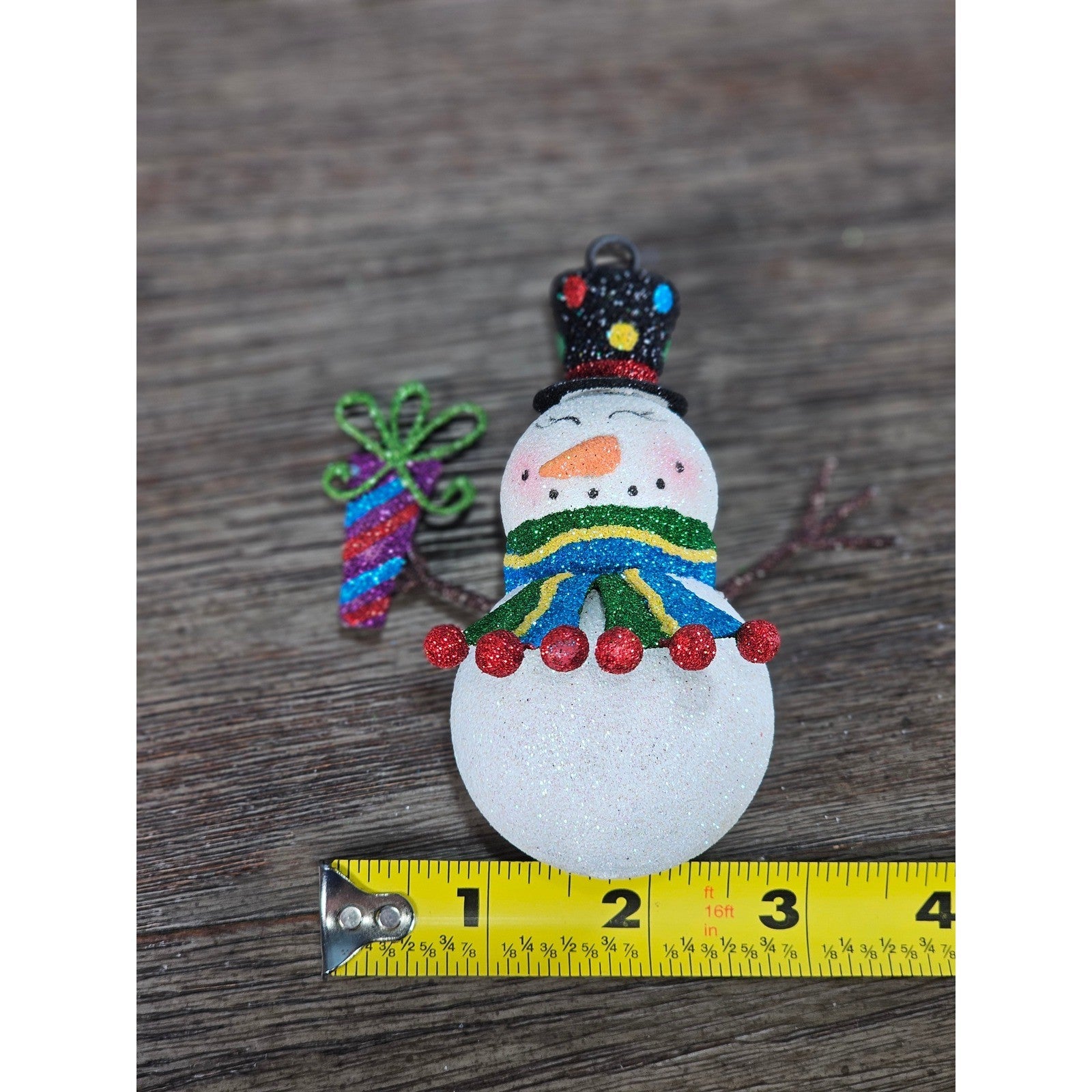 Vintage Glitter Snowman Christmas Ornament Holding Gift