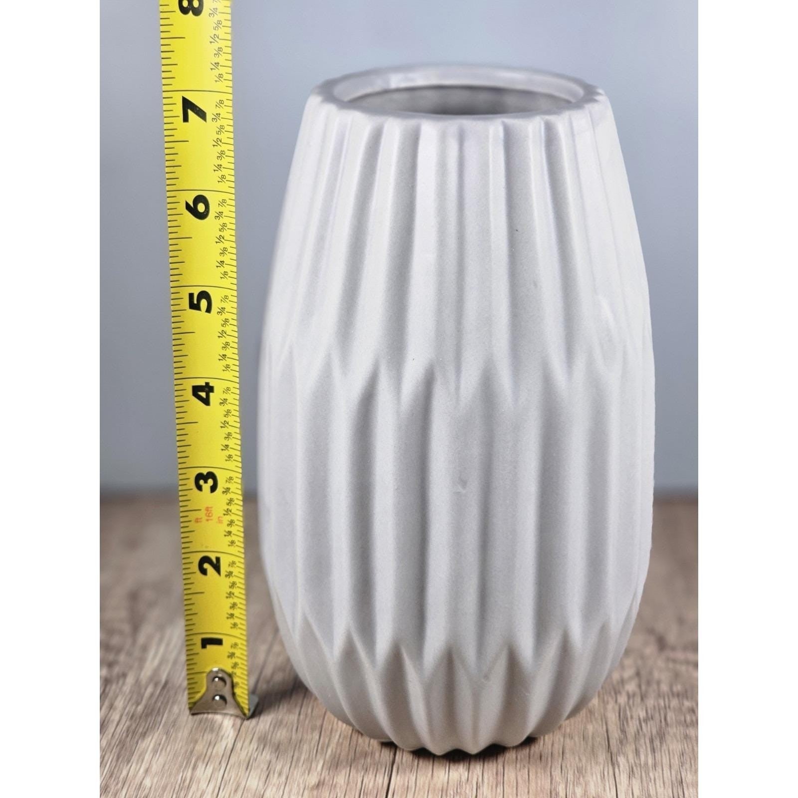 Vintage Grayish White Ribbed Ceramic Vase | 7" Tall Textured Home Decor
