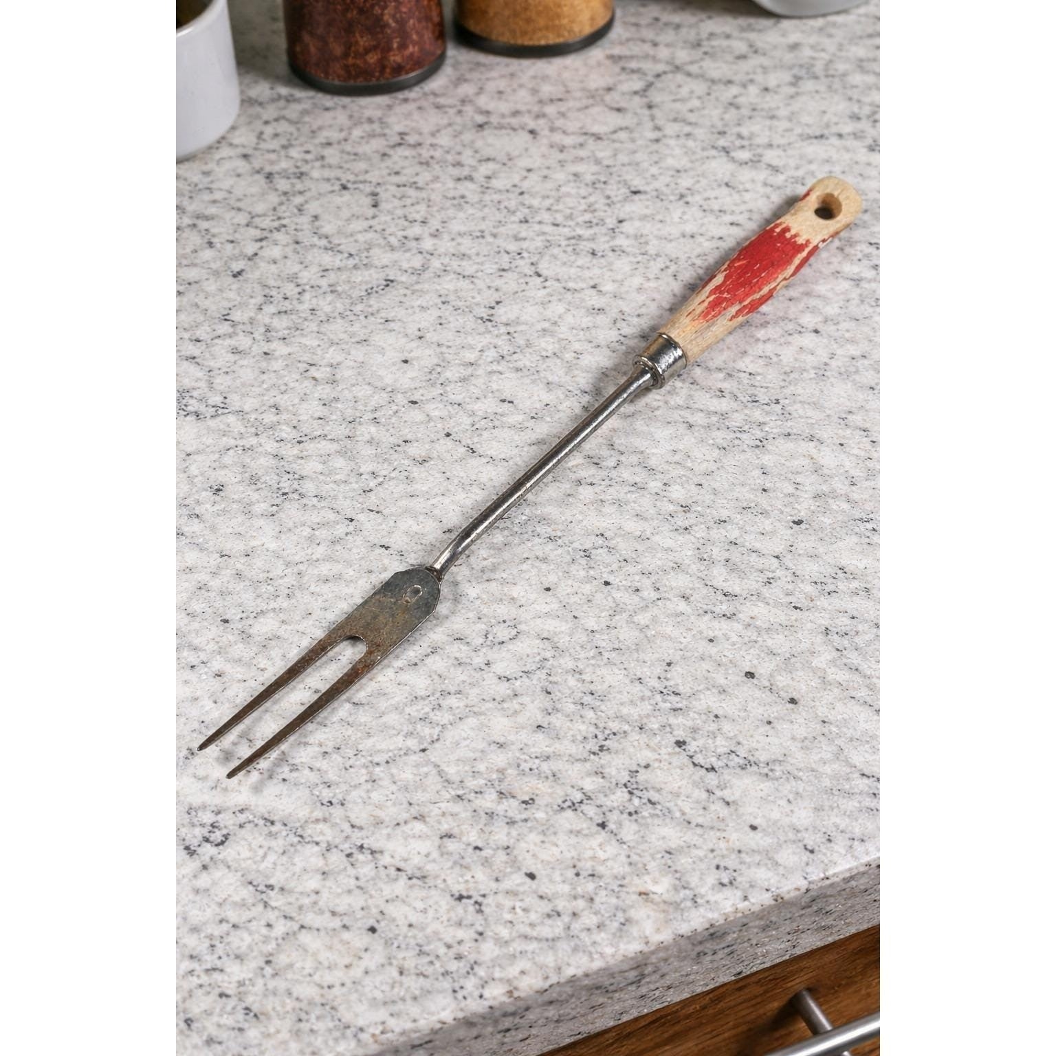 Vintage BBQ Carving Fork Wood Handle Red Paint Rustic 13 Inch