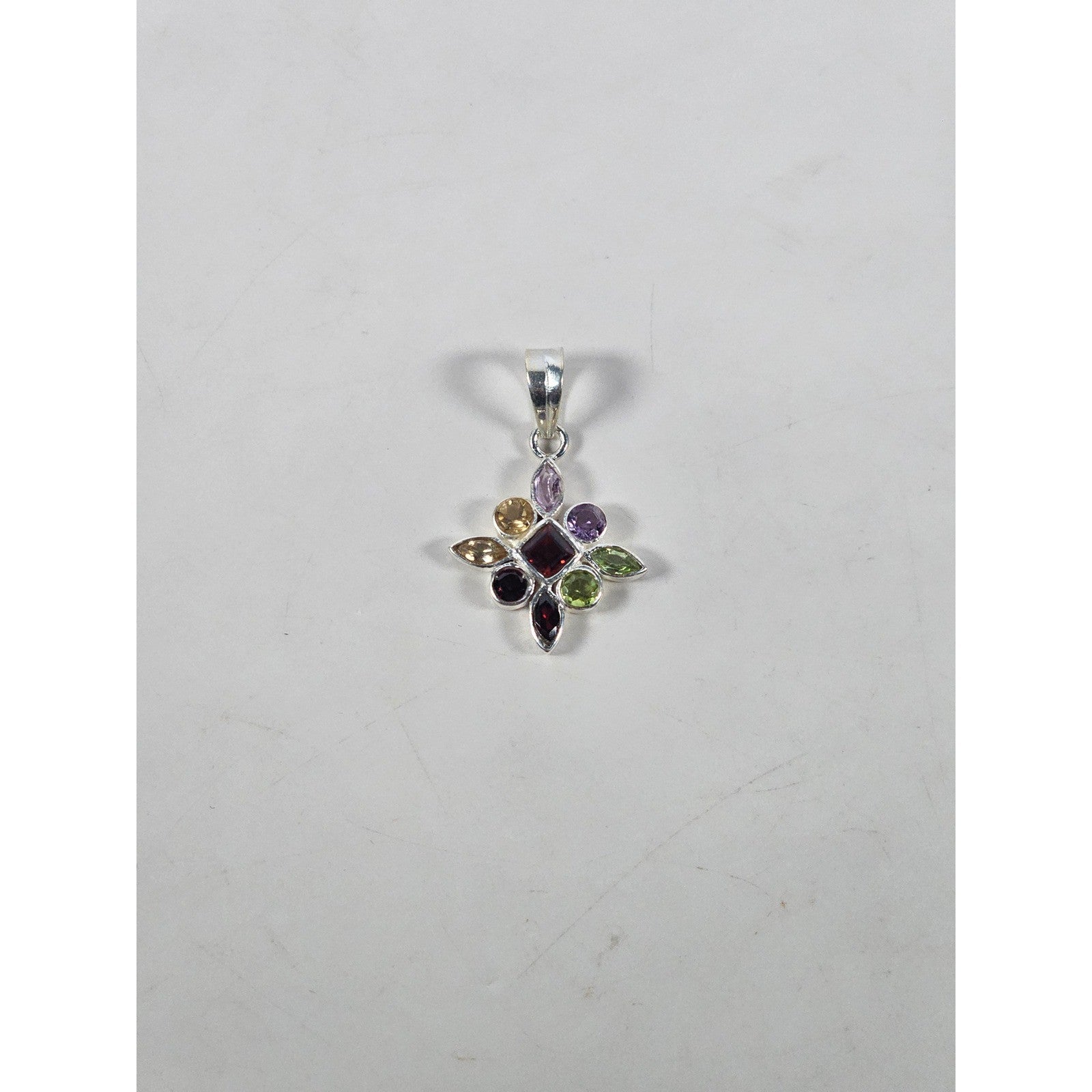 Vintage Sterling Silver Multi-Stone Gemstone Pendant, 925 Floral Design No Chain