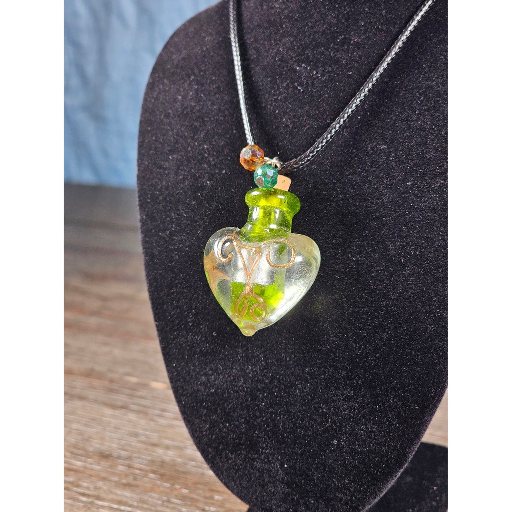 Green Glass Heart Bottle Necklace with Cork Stopper on Black Cord