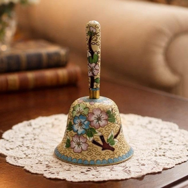 Vintage Chinese Cloisonne Bell Blue Floral Enamel Decor