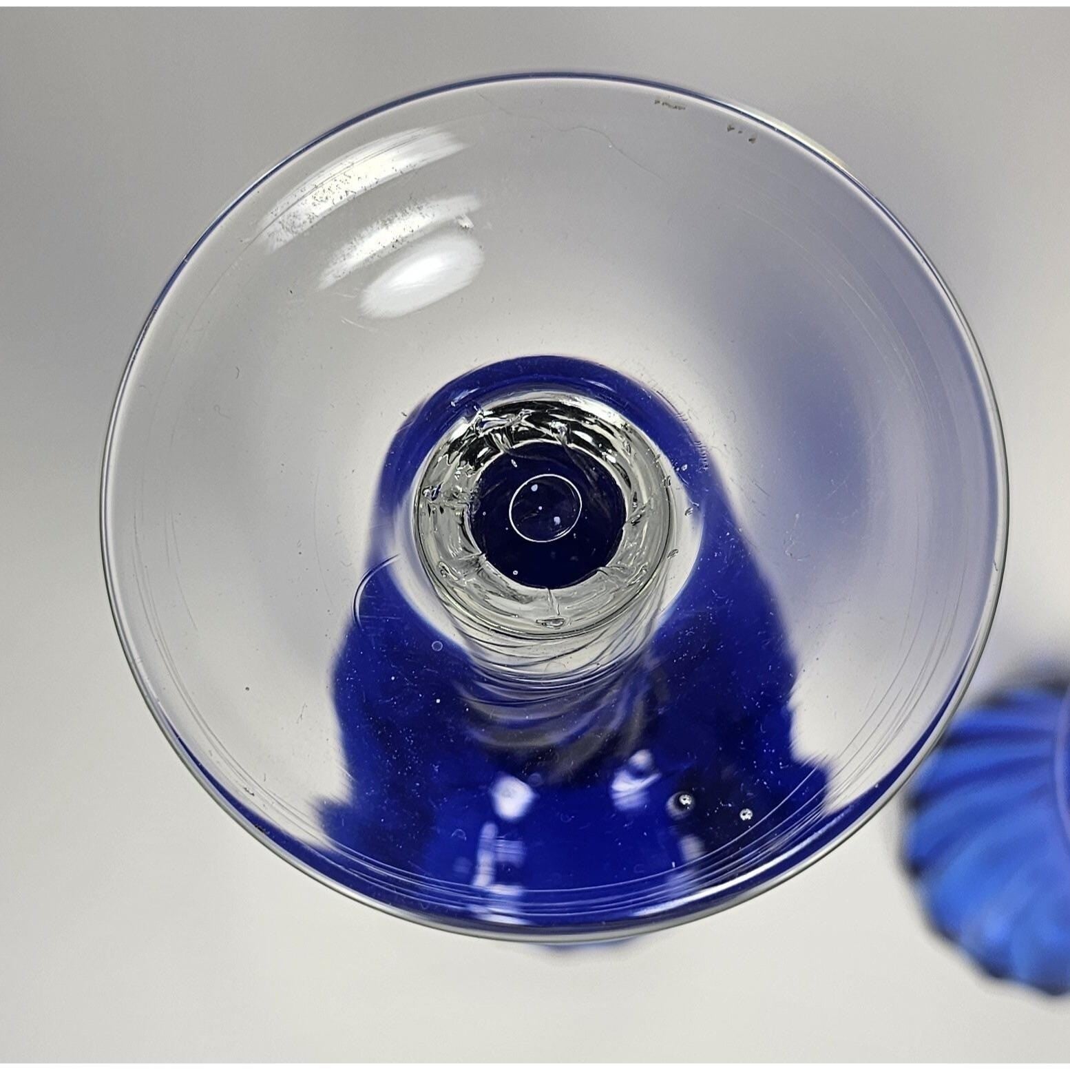 Vintage Blue Optic Swirl Wine Goblets Set of 2 Tall Twisted Stem Glass
