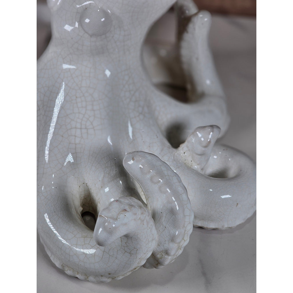 White Crackle Glaze Ceramic Octopus Figurine Nautical Coastal Home Decor Accent