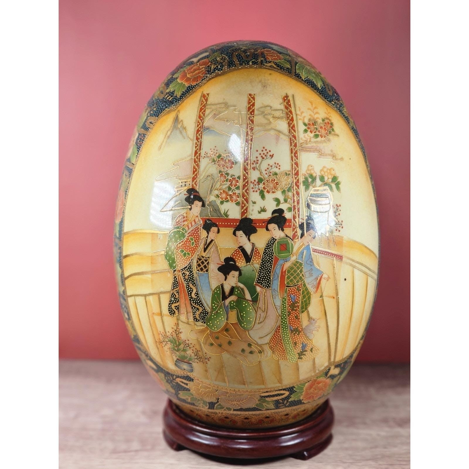 Large Vintage Satsuma Style Porcelain Egg on Stand | Hand-Painted Geisha Decor