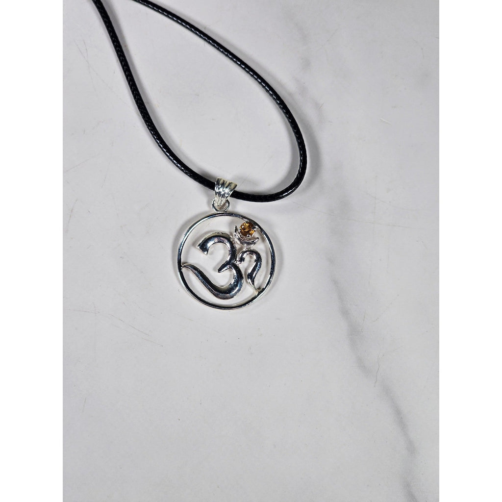 Vintage Sterling Silver Om Pendant Necklace with Amber Stone