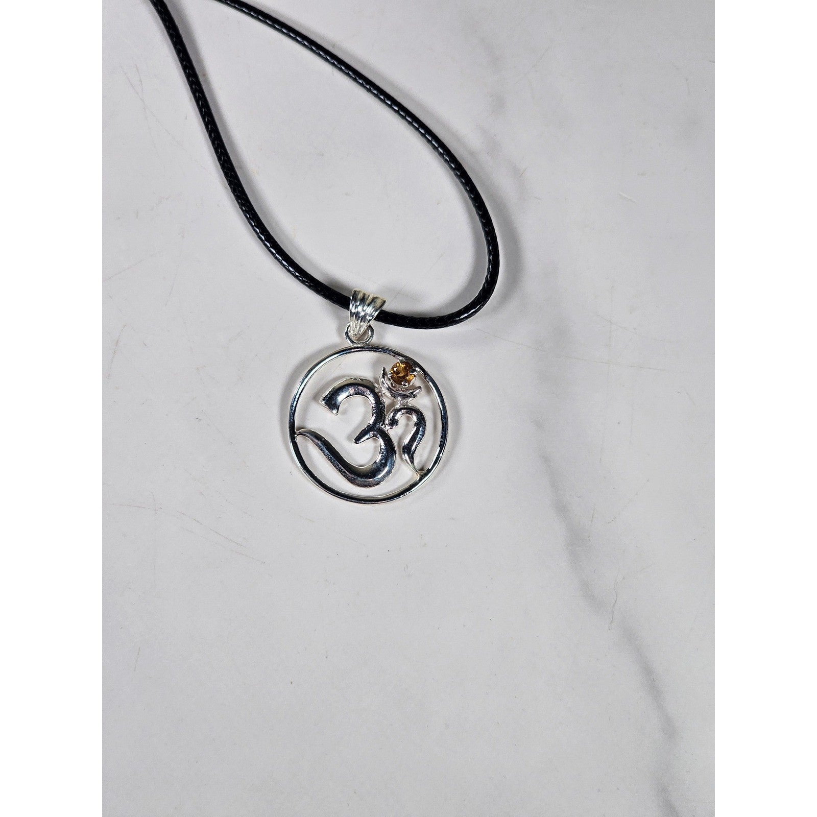 Vintage Sterling Silver Om Pendant Necklace with Amber Stone