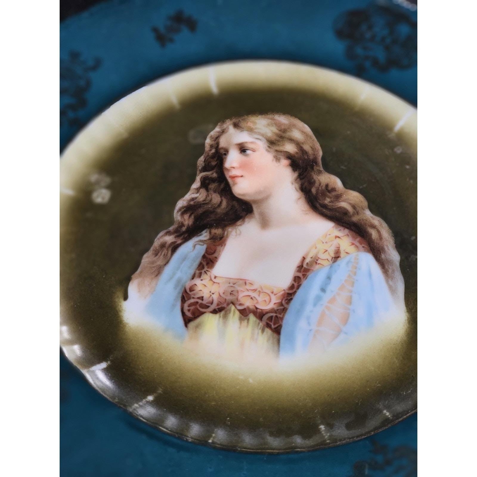 Antique Royal Vienna Porcelain Cabinet Plate Portrait Teal Olive 10 Inch