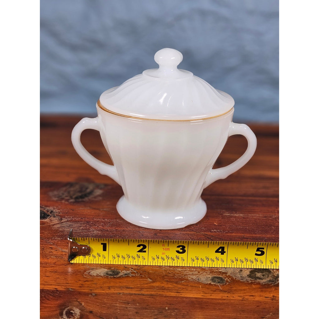 Vintage Milk Glass Sugar Bowl with Lid Gold Trim Fluted Handles