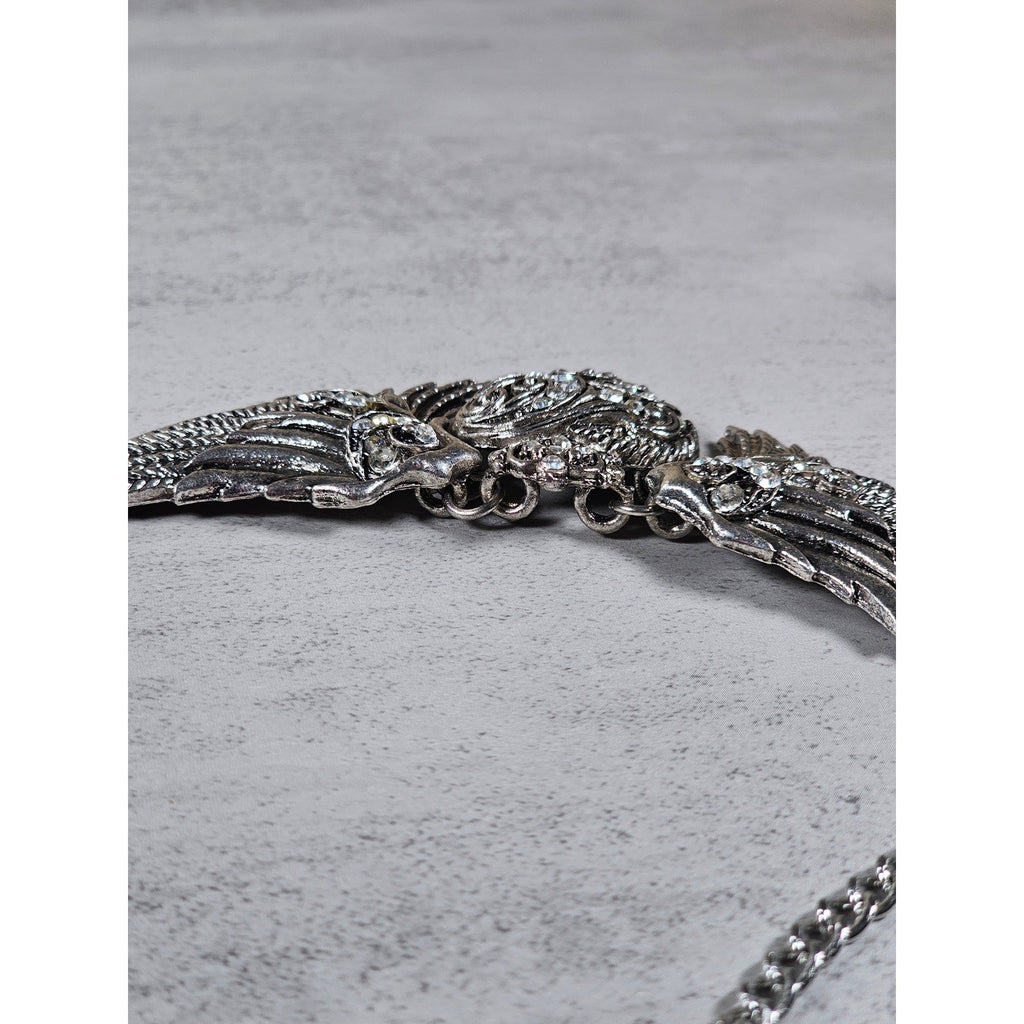 Vintage Winged Heart Rhinestone Necklace Silver Tone Statement