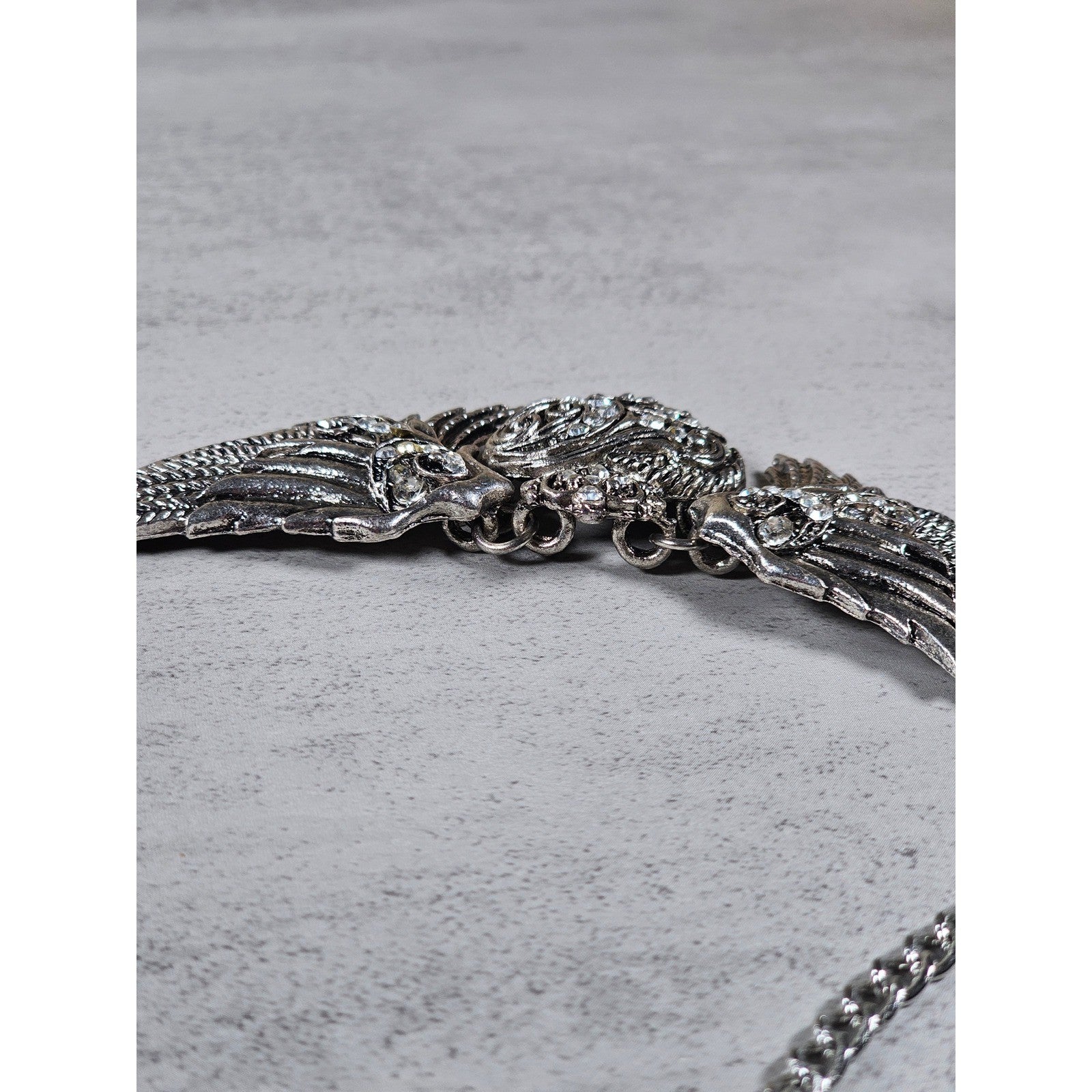 Vintage Winged Heart Rhinestone Necklace Silver Tone Statement