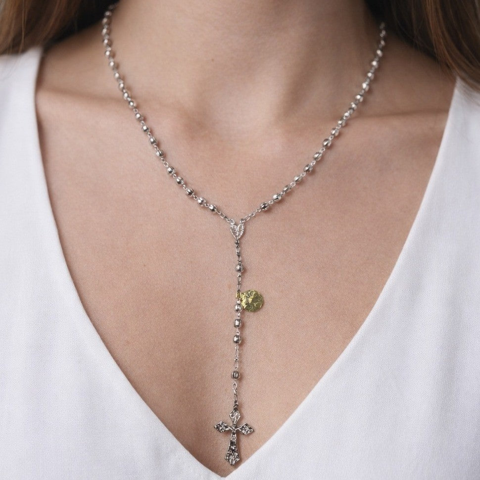 Vintage Silver Tone Rosary Necklace with Filigree Cross Pendant
