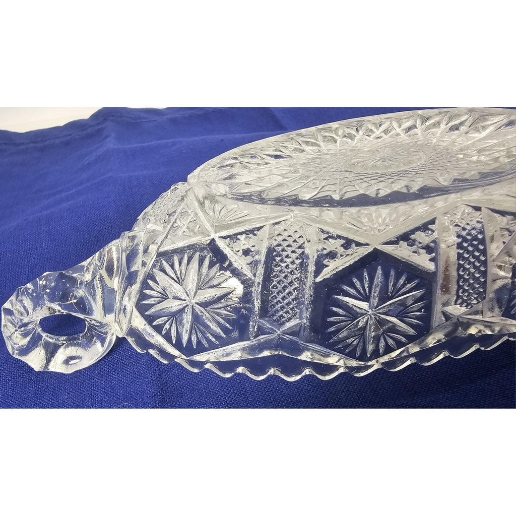 Cut Glass Candy Dish Starburst Pattern Handled Vintage