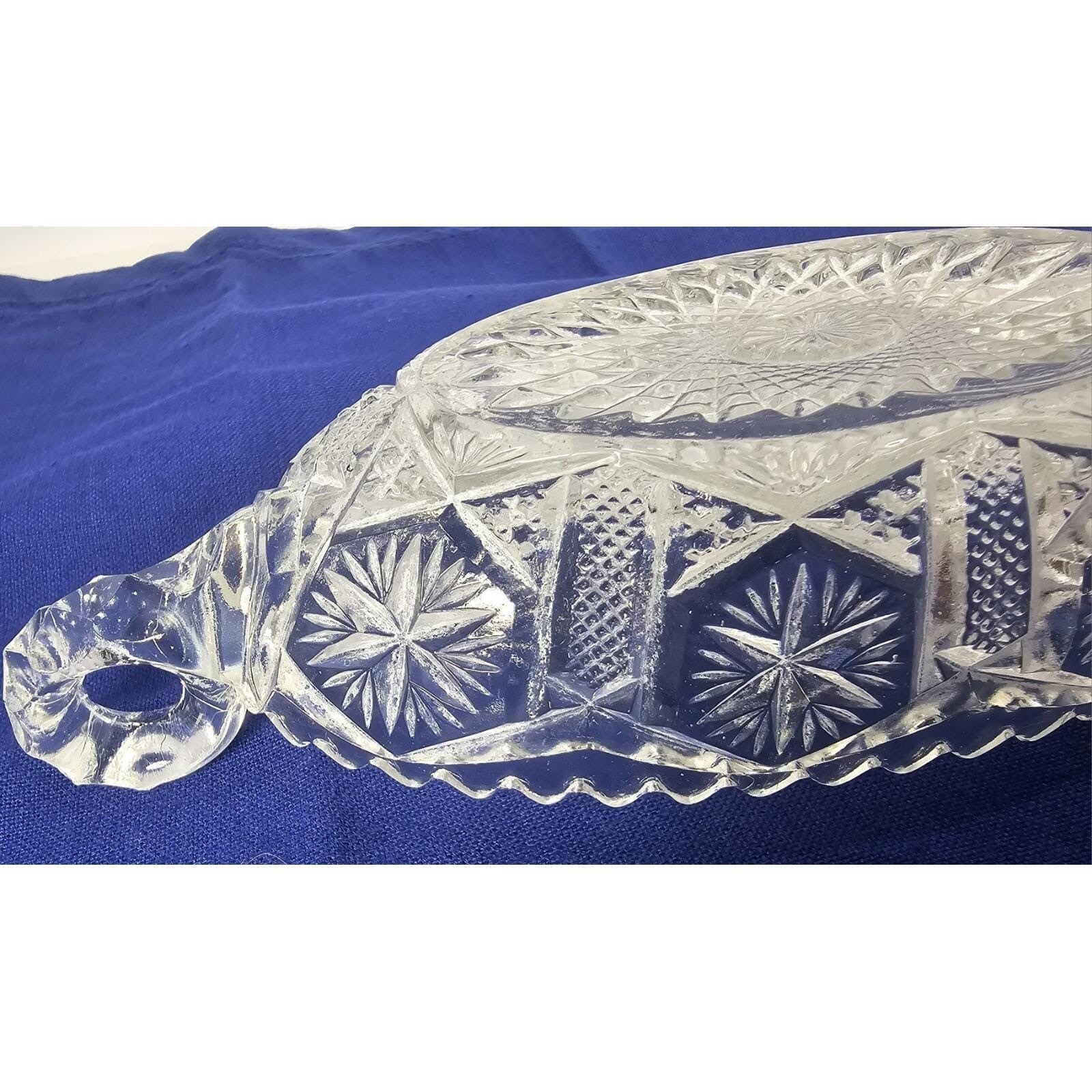 Cut Glass Candy Dish Starburst Pattern Handled Vintage
