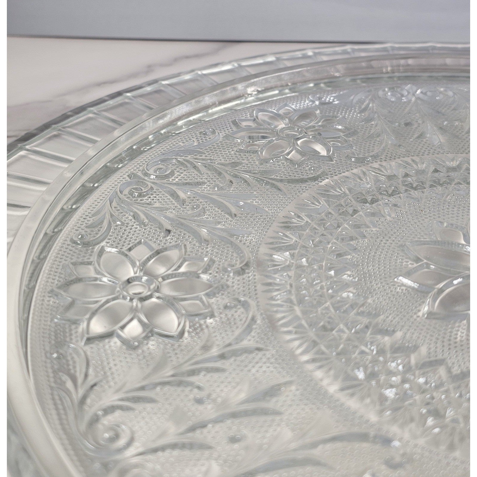 Vintage Pressed Glass Floral Cake Stand Round Serving Tray 13 Inch