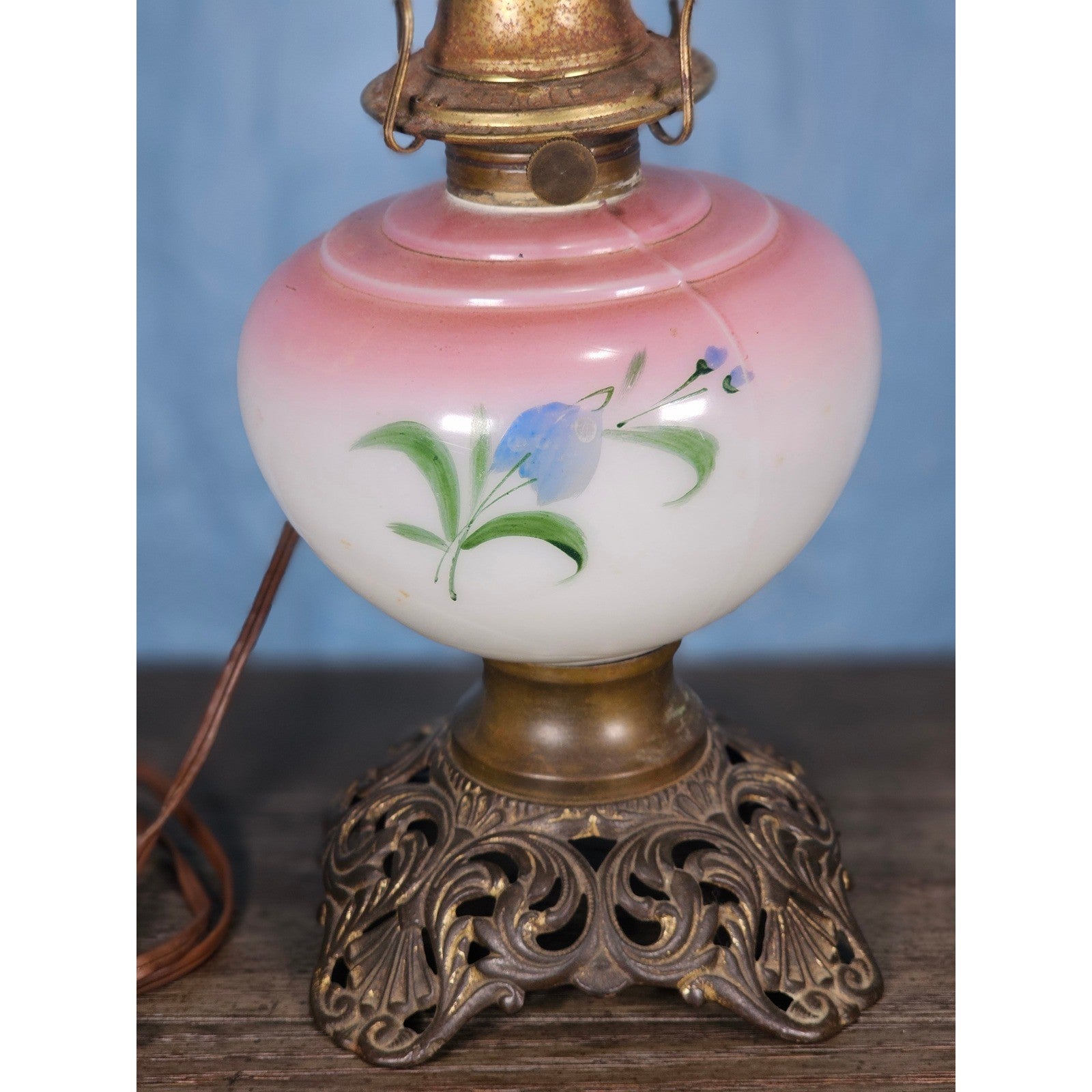 Vintage Hand-Painted Milk Glass Table Lamp | Pink Floral | Project Piece