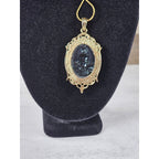Vintage Gold Tone Buddha Cameo Pendant Necklace Black Oval Medallion