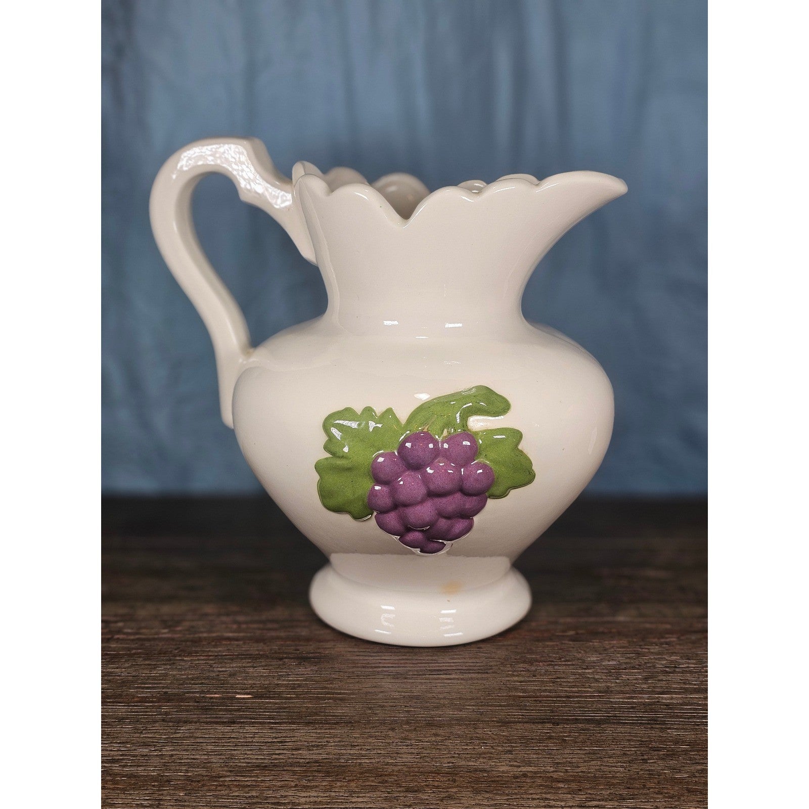 Vintage Ceramic Pitcher with Grape Design | White Pottery Vase Creamer