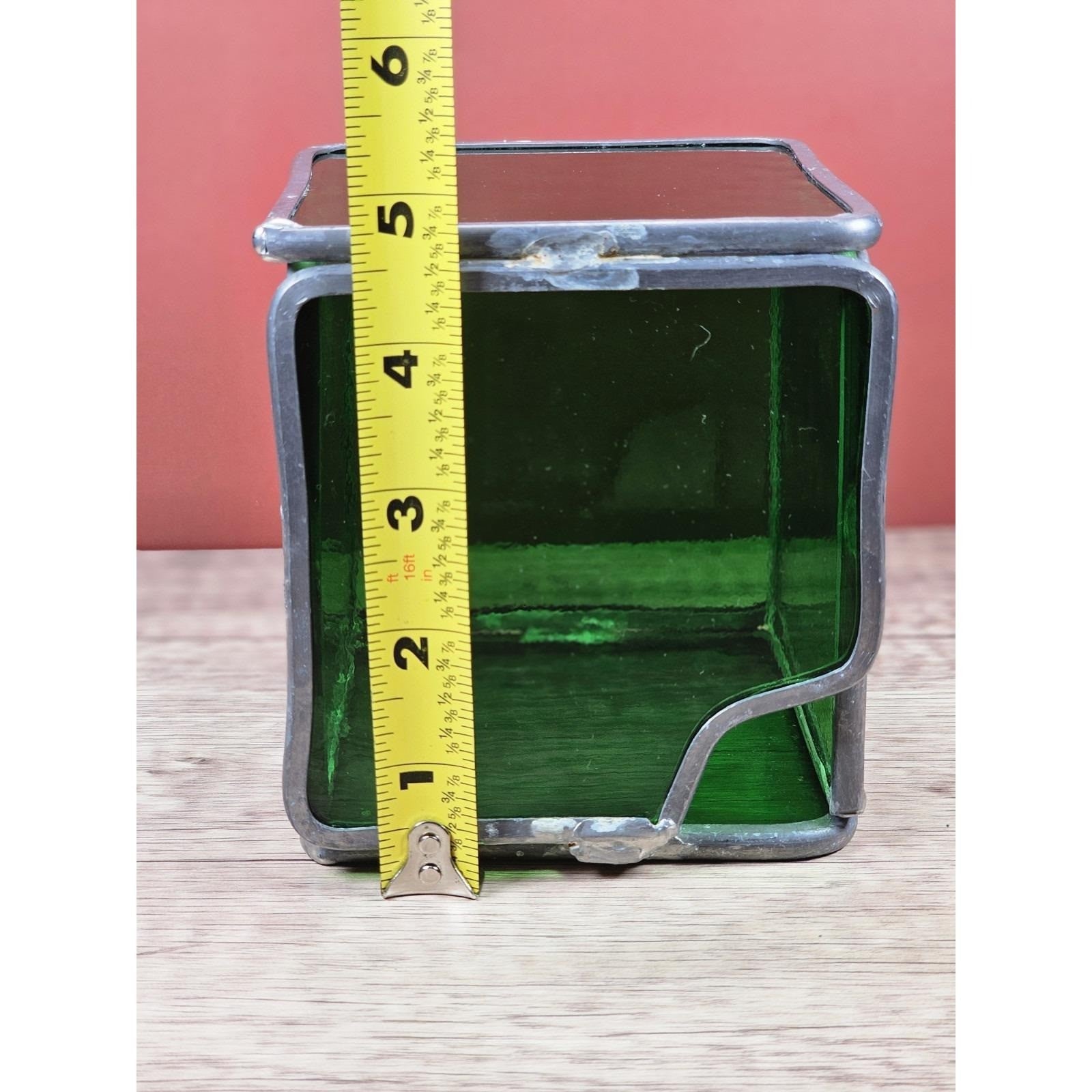 Vintage Green Stained Glass Cube Candle Holder Decorative Glass Accent