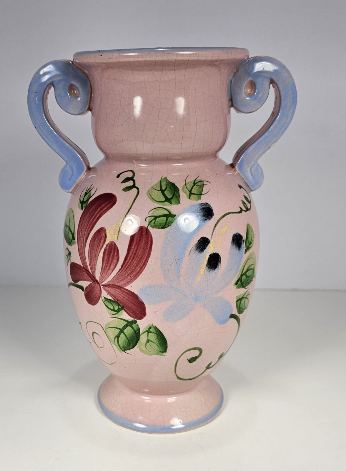 Vintage Hand-Painted Floral Ceramic Vase With Dual Blue Handles & Pink Crackle