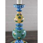 Vintage Hand Painted Wood Table Lamp Floral Blue Yellow Polka Dot